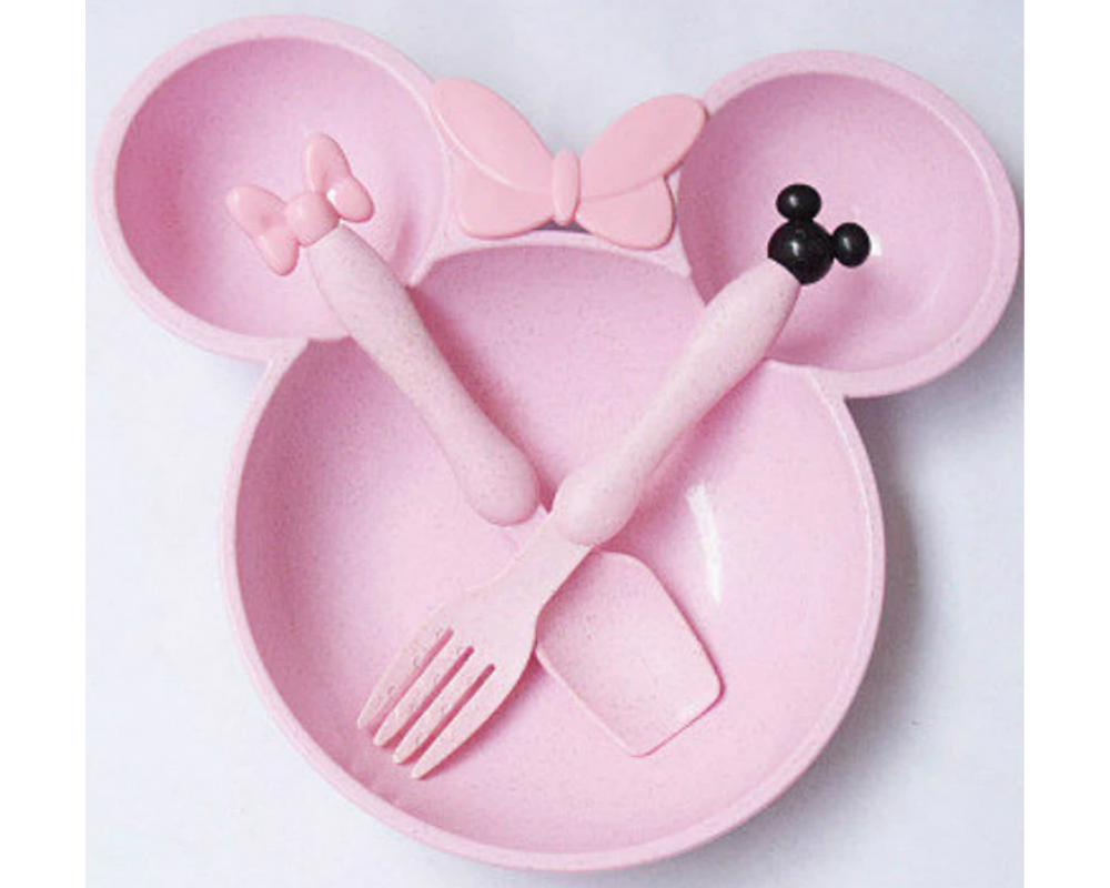 Детский набор посуды из пшеничной соломы, набор для кормления ЭКО «Микки Маус розовый»