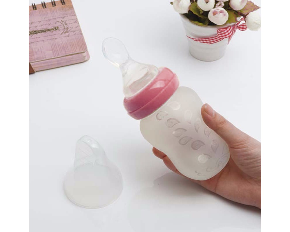 Силиконовая бутылочка для кормления с ложкой 180 мл "Розовая"